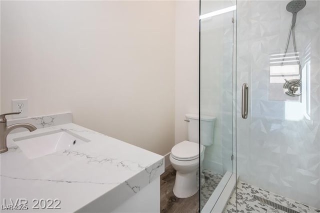 bathroom with a shower stall, toilet, and a sink