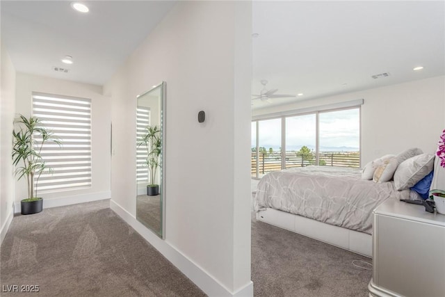 carpeted bedroom with access to exterior, recessed lighting, baseboards, and visible vents