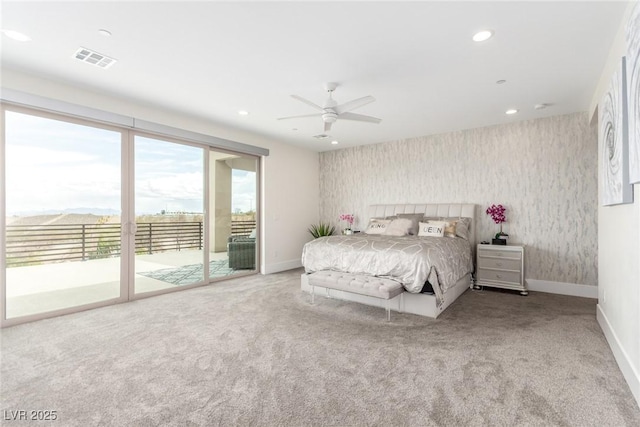 carpeted bedroom with access to exterior, wallpapered walls, baseboards, visible vents, and recessed lighting