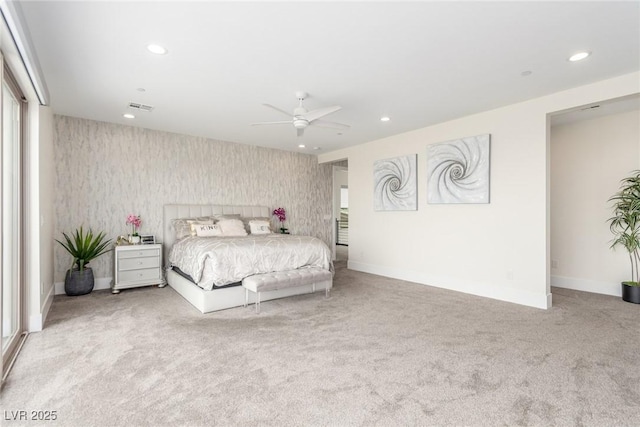 bedroom featuring baseboards, visible vents, carpet, and recessed lighting