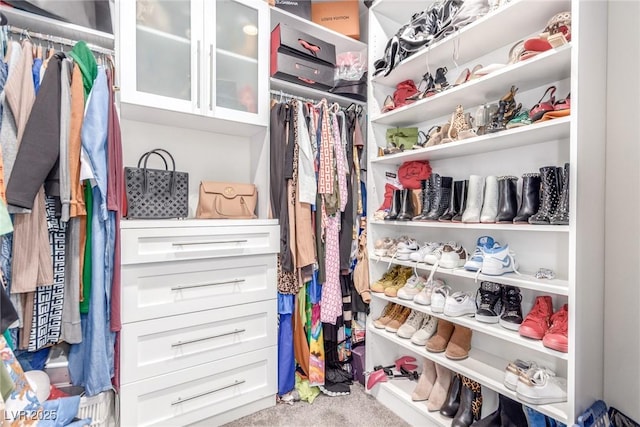 walk in closet with carpet flooring