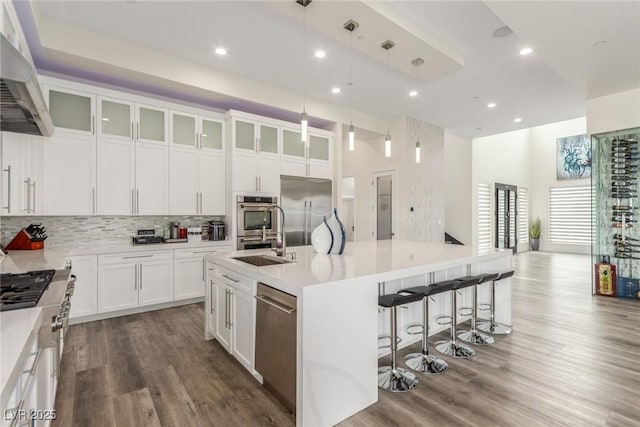 kitchen with decorative backsplash, light countertops, wood finished floors, appliances with stainless steel finishes, and under cabinet range hood