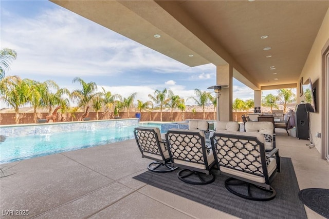 view of swimming pool with a fenced backyard, outdoor dining area, a patio area, and a fenced in pool