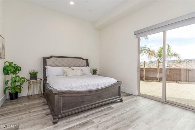 bedroom with light wood-style floors, baseboards, access to outside, and recessed lighting
