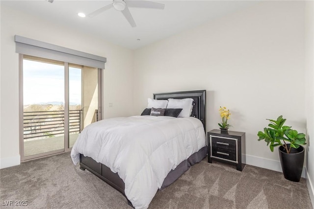 carpeted bedroom with baseboards, ceiling fan, recessed lighting, and access to outside