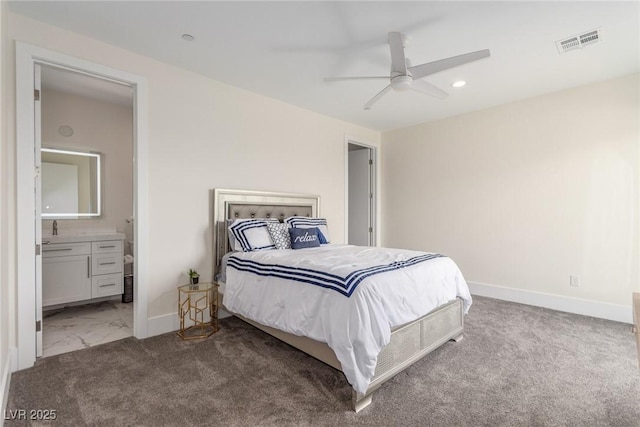 bedroom with marble finish floor, baseboards, visible vents, and carpet