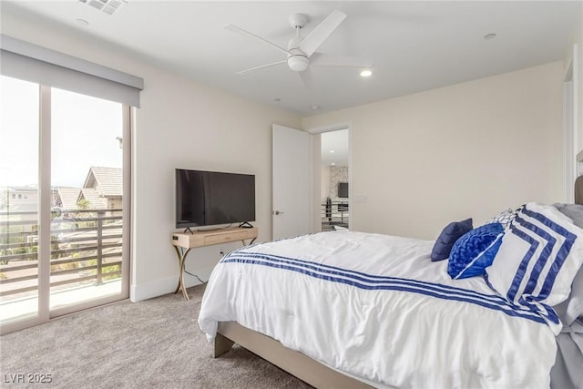 carpeted bedroom with visible vents, ceiling fan, and access to outside