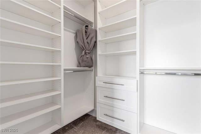 walk in closet featuring dark colored carpet