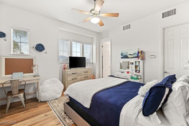 bedroom featuring visible vents, multiple windows, and light wood-type flooring