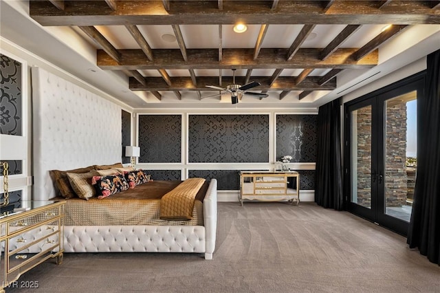 sunroom / solarium featuring beam ceiling, coffered ceiling, and ceiling fan