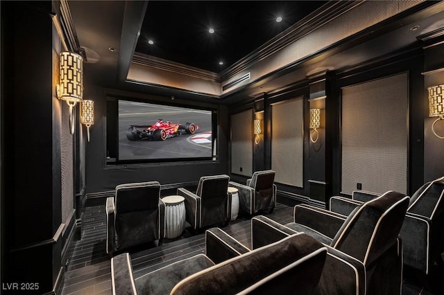 home theater with crown molding