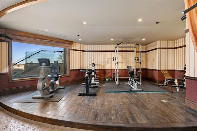 64 Promontory Ridge Dr, Las Vegas, NV 89135 - exercise room with wood-type flooring, baseboards, and recessed lighting