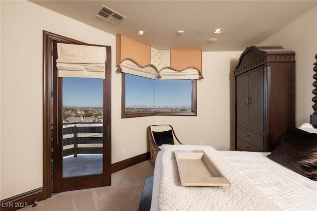 bedroom featuring visible vents, recessed lighting, baseboards, and carpet floors