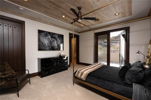 carpeted bedroom with recessed lighting, a tray ceiling, baseboards, and wood ceiling