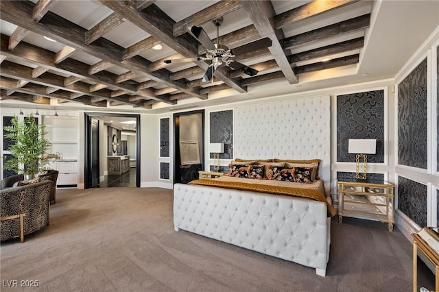 carpeted bedroom featuring beam ceiling, coffered ceiling, and a decorative wall