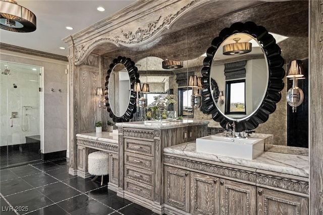 full bathroom with vanity, a shower stall, recessed lighting, and ornamental molding