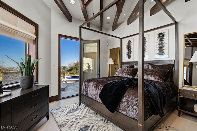 bedroom featuring access to exterior, light tile patterned floors, recessed lighting, and beam ceiling