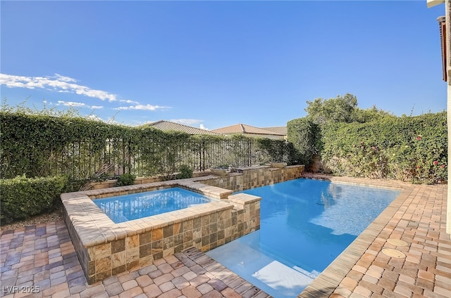 view of pool featuring a fenced in pool, an in ground hot tub, a fenced backyard, and a patio area