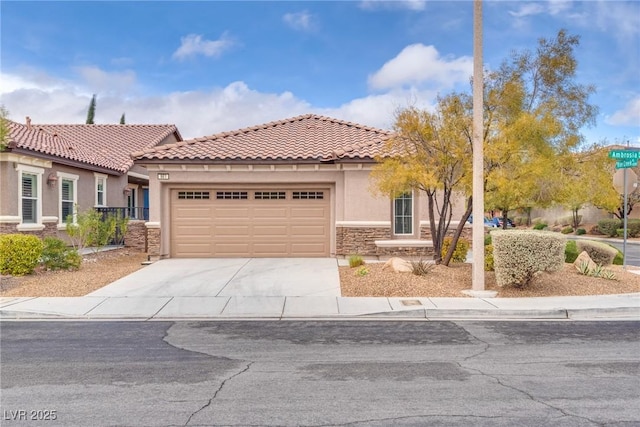 view of front of house featuring driveway, an attached garage, stucco siding, stone siding, and a tiled roof