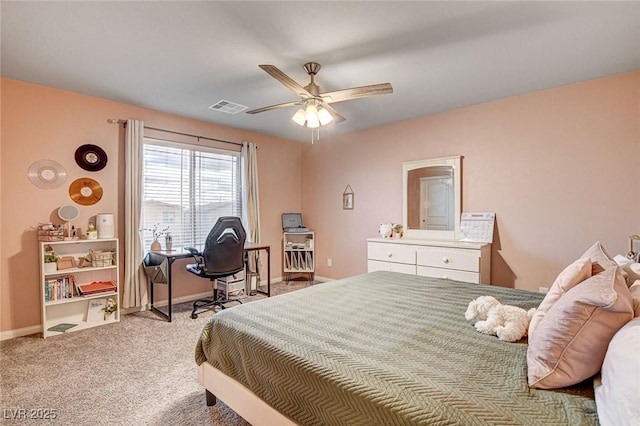 bedroom with ceiling fan, carpet, visible vents, and baseboards