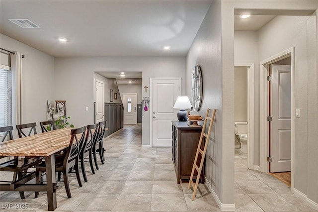 dining space with recessed lighting, visible vents, baseboards, and light tile patterned flooring