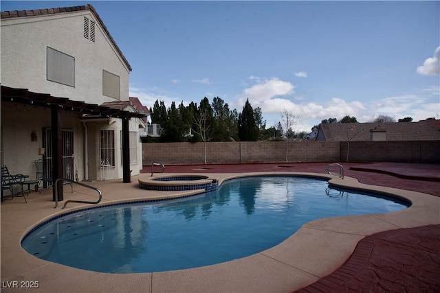 view of swimming pool with an in ground hot tub, a fenced backyard, a fenced in pool, and a patio