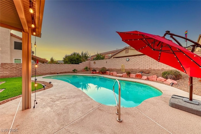 view of pool featuring a patio area, a fenced backyard, and a fenced in pool