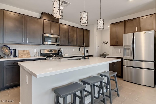 kitchen featuring an island with sink, a sink, stainless steel appliances, dark brown cabinets, and backsplash