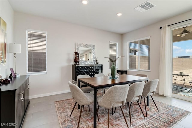 dining space featuring light tile patterned flooring, visible vents, recessed lighting, and baseboards