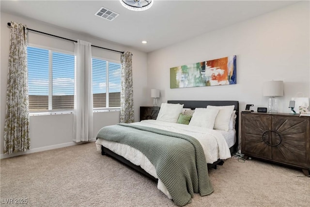 bedroom with visible vents, recessed lighting, baseboards, and carpet floors