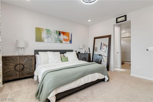 carpeted bedroom with recessed lighting and baseboards