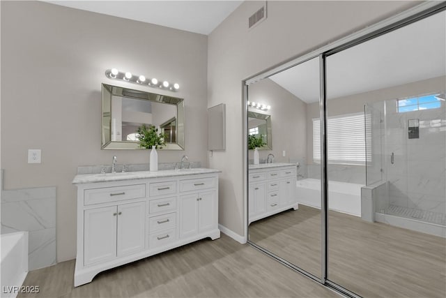 full bathroom featuring visible vents, a sink, wood finished floors, a shower stall, and double vanity