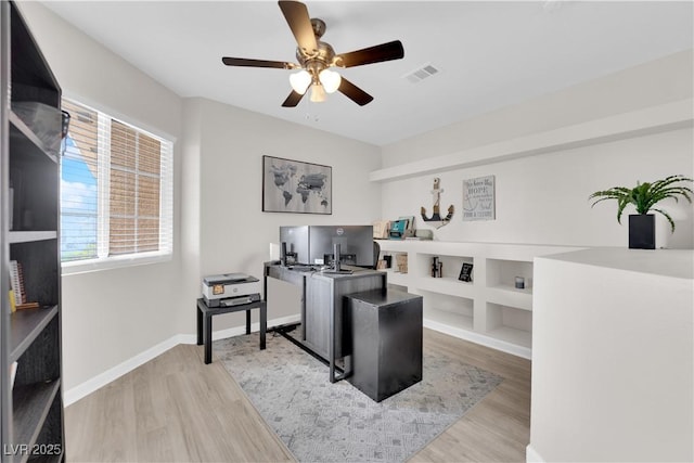 office space with visible vents, baseboards, light wood-type flooring, and ceiling fan