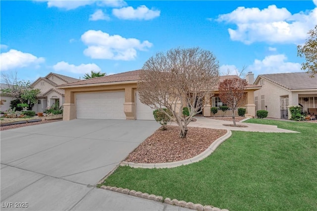 ranch-style house with stucco siding, a front lawn, concrete driveway, and an attached garage