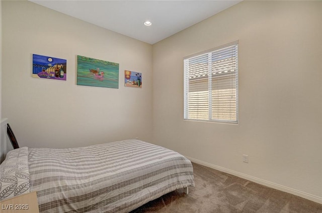 carpeted bedroom with recessed lighting and baseboards