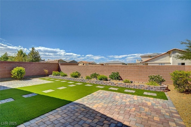 view of yard with a patio area and a fenced backyard