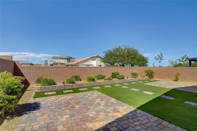 view of yard with a fenced backyard and a patio area