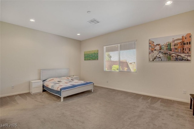 carpeted bedroom featuring visible vents, recessed lighting, and baseboards