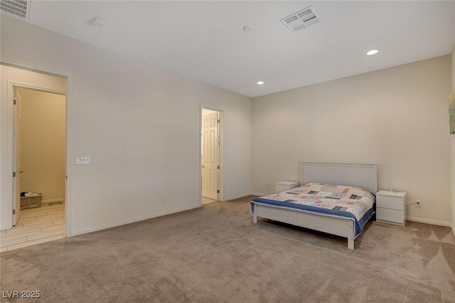 bedroom featuring visible vents, recessed lighting, baseboards, and carpet