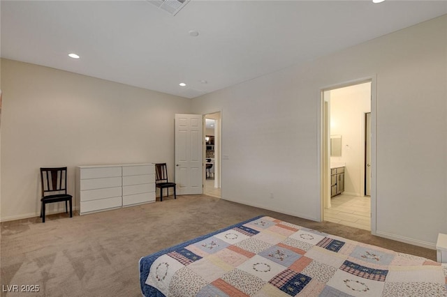 carpeted bedroom with recessed lighting, visible vents, and baseboards