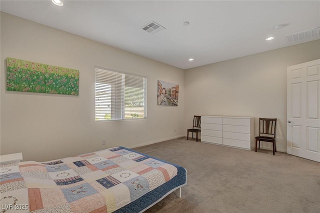 carpeted bedroom featuring recessed lighting, visible vents, and baseboards