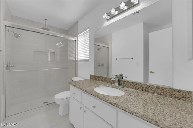 bathroom with visible vents, a shower stall, toilet, tile patterned floors, and vanity