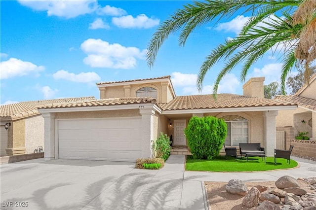 mediterranean / spanish-style house featuring fence, a tile roof, stucco siding, a chimney, and a garage