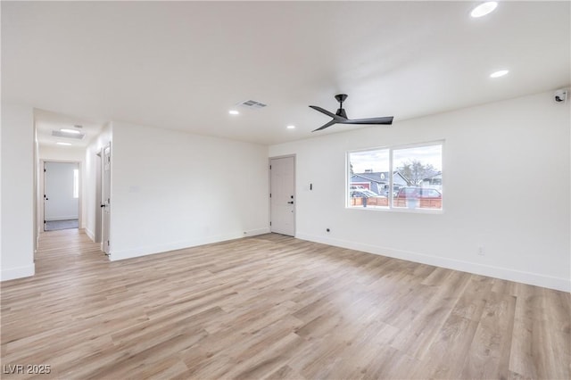 interior space featuring baseboards, visible vents, recessed lighting, ceiling fan, and light wood-type flooring