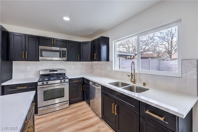 kitchen featuring backsplash, stainless steel appliances, light wood-type flooring, and a sink