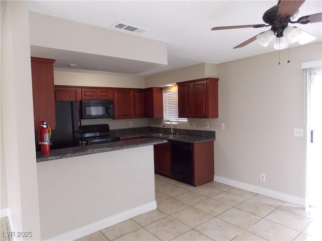 kitchen with visible vents, black appliances, a ceiling fan, a sink, and dark countertops