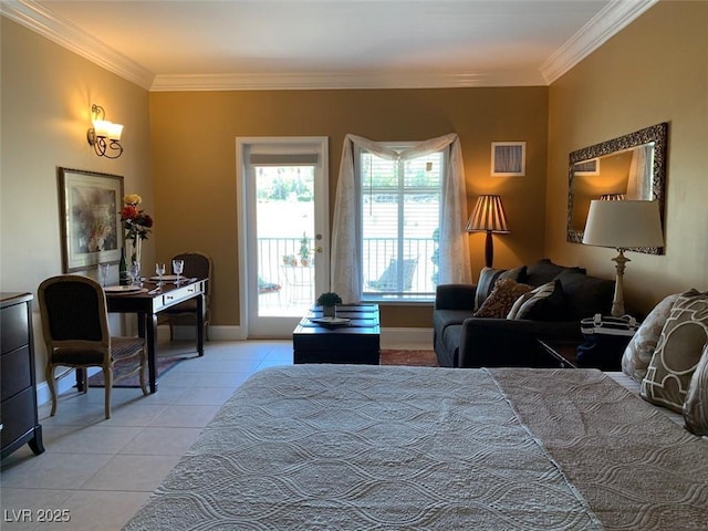 bedroom featuring light tile patterned floors, baseboards, visible vents, ornamental molding, and access to exterior