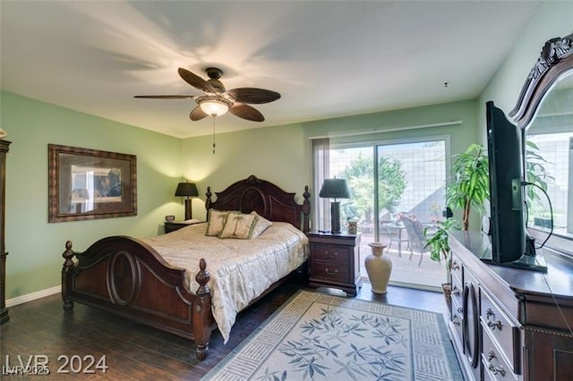 bedroom with ceiling fan, wood finished floors, baseboards, and access to outside