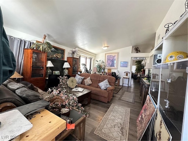 living room featuring wood finished floors and vaulted ceiling