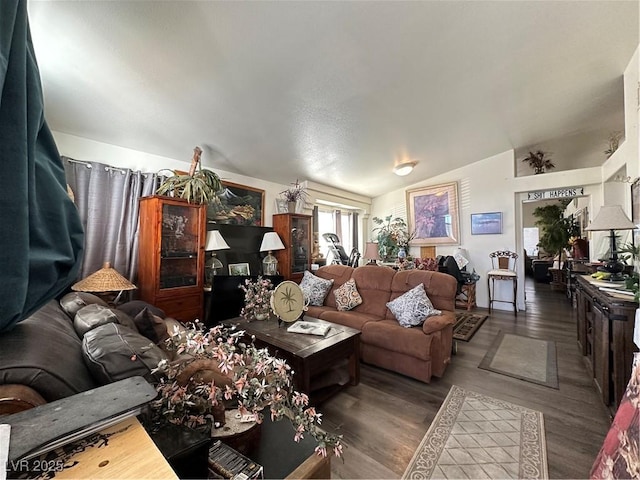 living room with wood finished floors and vaulted ceiling